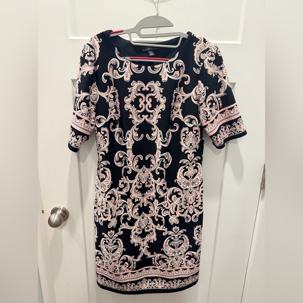 R&K Black Blush Scroll Print Stretch Sheath Dress Size 8
